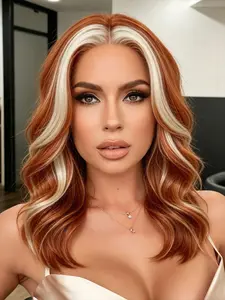 Highlight Ginger Orange Short Wavy Synthetic Lace Front Wig 13x4 Hd Lace Frontal Wig Highlight  Blonde Short Body Wave Synthetic Wig Skunk Stripe Synthetic Lace Front Wig Short Wave Glueless Lace Front Wig for Daily Wear Halloween Christmas Wig