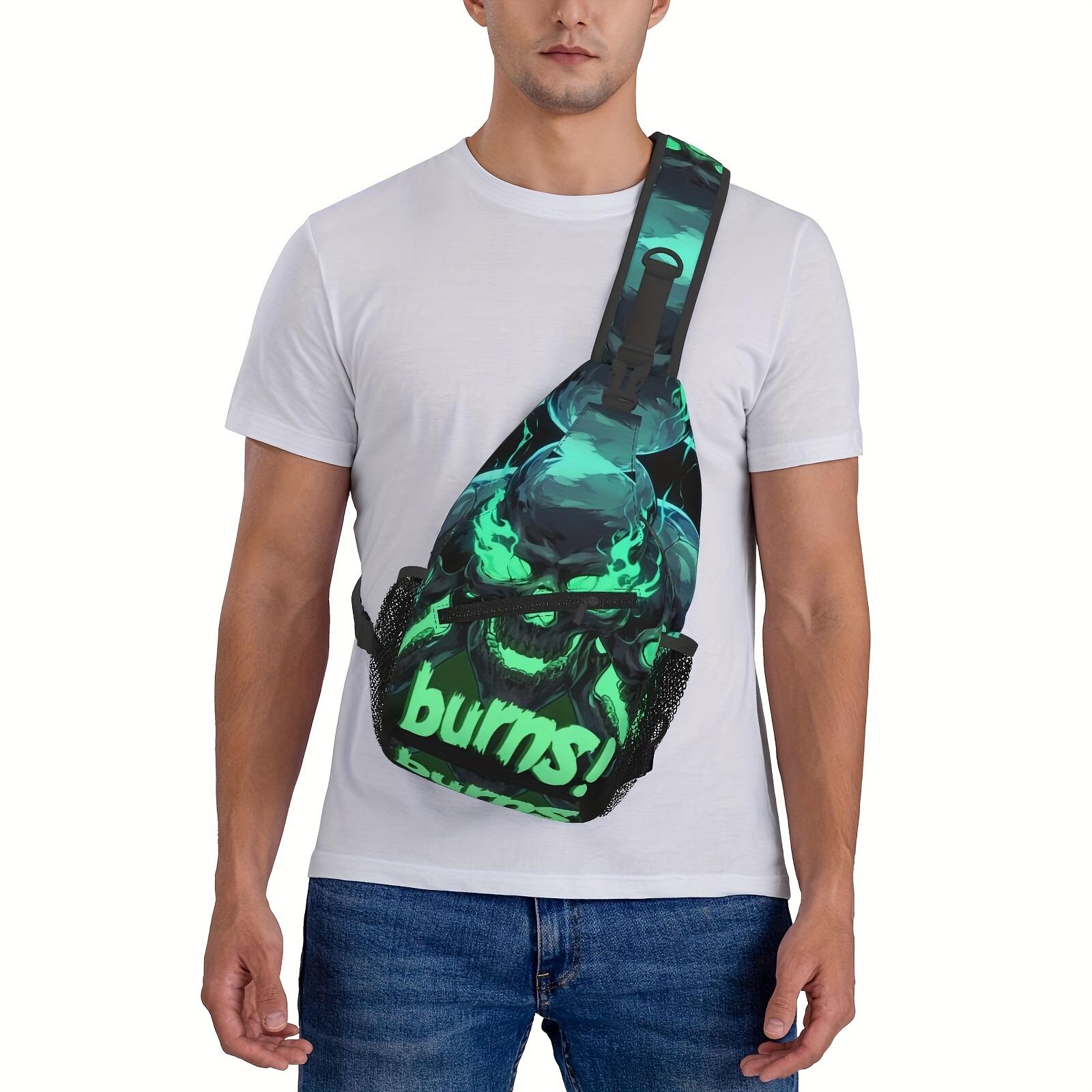 A Versatile Green Crossbody Chest Bag Featuring a Flaming Skull Design, Perfect for Hiking, Shopping, Or Leisure Travel. This Durable  Spacious Backpack Is Ideal for Beach Outings, Fishing Trips, School,  Makes a Great Christmas Gift and