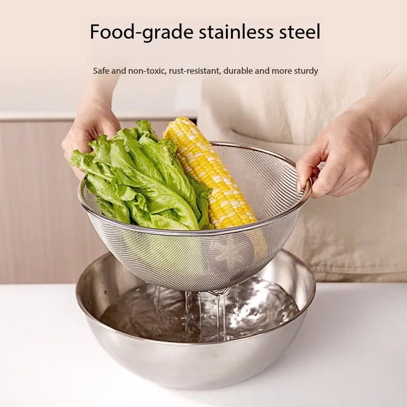 Thick Stainless Steel Strainer Basket, Food Strainer, Vegetable Washing Bowl, Rice Sifter, Kitchen Fruit and Veggie Drainer, Water Filter Tool, Draining