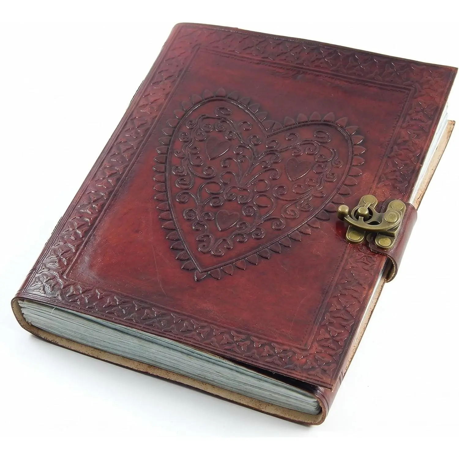 Large Heart Embossed Leather Journal - Coptic Bound, Lock Closure, Photo Album Function, Paper Pages, Office Stationery Notebook