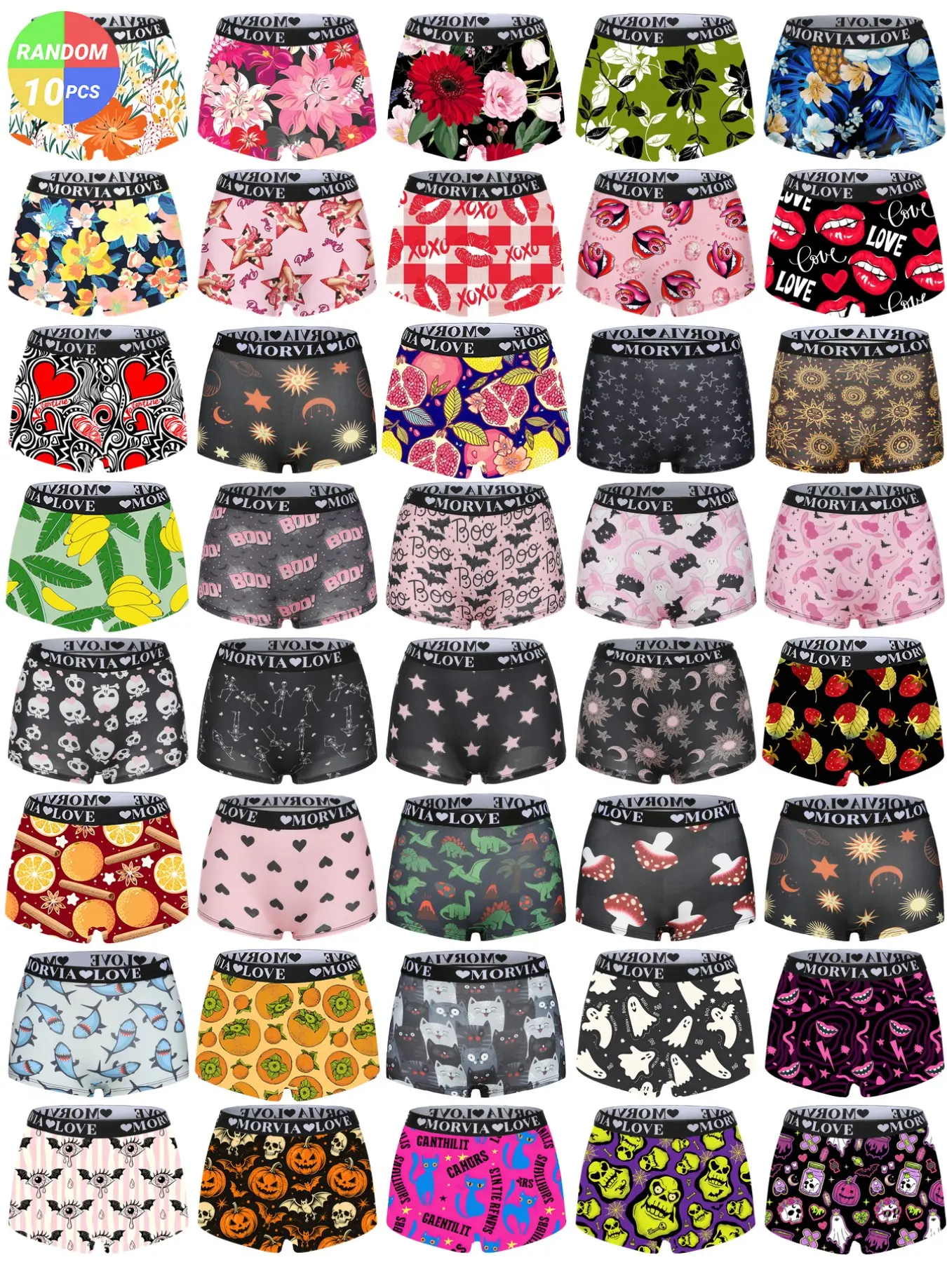 Morvia 10pcs Halloween Themed Boyshorts, Comfortable Stretch Waist, All-Over Print, Casual Fitted Underwear, Guess What You'll Get!