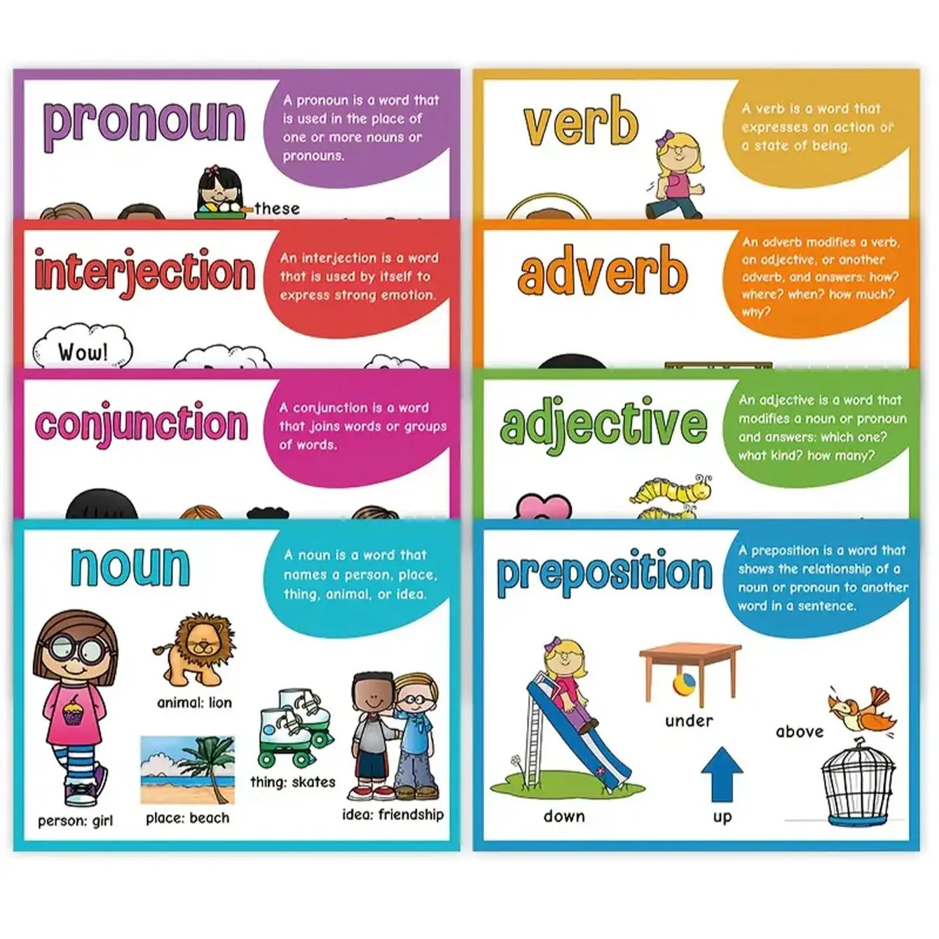 8-Piece A4 Grammar Learning Poster Set for Classroom Decor, Educational Grammar Clipboards for Students, Ideal Bulletin Board Supplies
