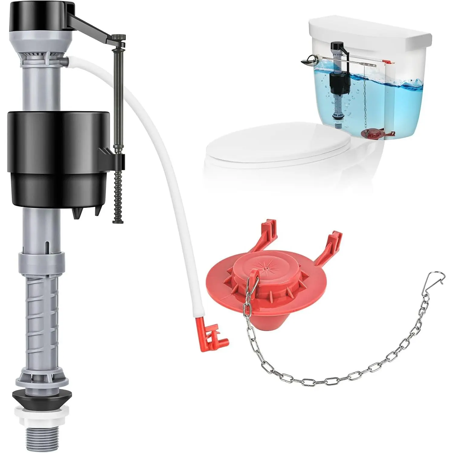 Universal Toilet Inside Tank Home Repair Kit, 1-Pack Red, Adjustable Valve, 2-Inch Flapper, Quiet Install, Easy Setup