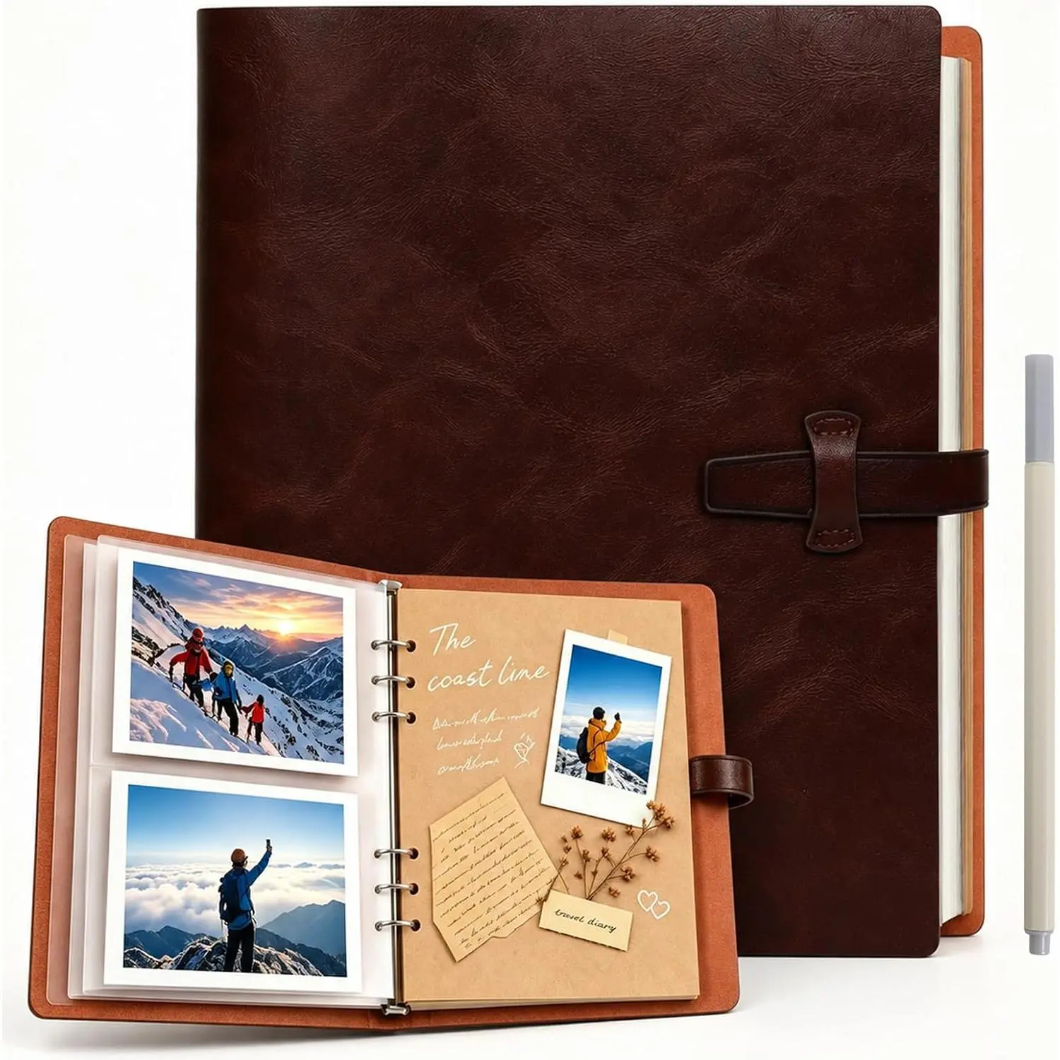 RECUTMS 4x6 Photo Album Scrapbook with 200 Pockets, 30 Writing Sheets, Expandable 6-Ring Binder, Premium Leather Cover, Acid-Free Pages, Secure Strap Closure, Gift Ready for Anniversary, Family Milestones