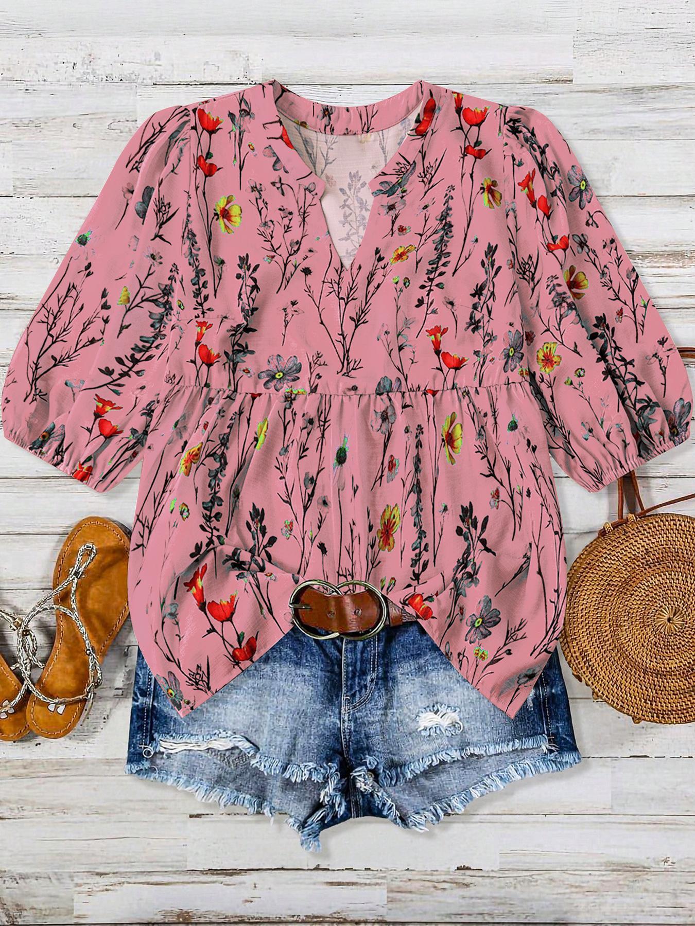 【Plus Size】 Floral Print Notched Neck Boho Cottagecore Blouse, Boho Floral Printed Casual Bishop Sleeve Top for Summer, Women's Clothes for Daily Wear