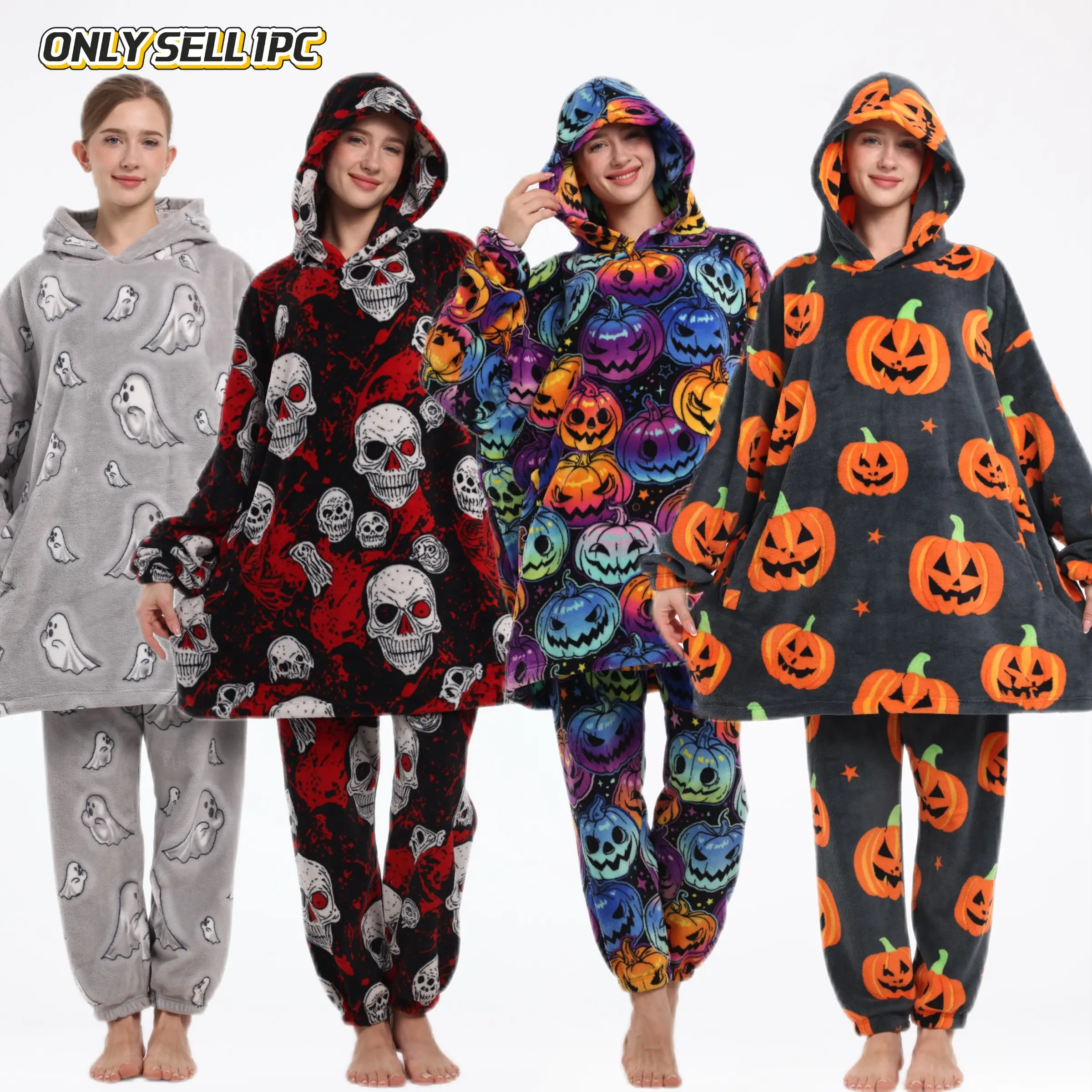 Halloween Essential Coral Fleece Print Pajama Set, Oversized Hooded Top with Pockets, Long Pants, Couples', Fall Winter
