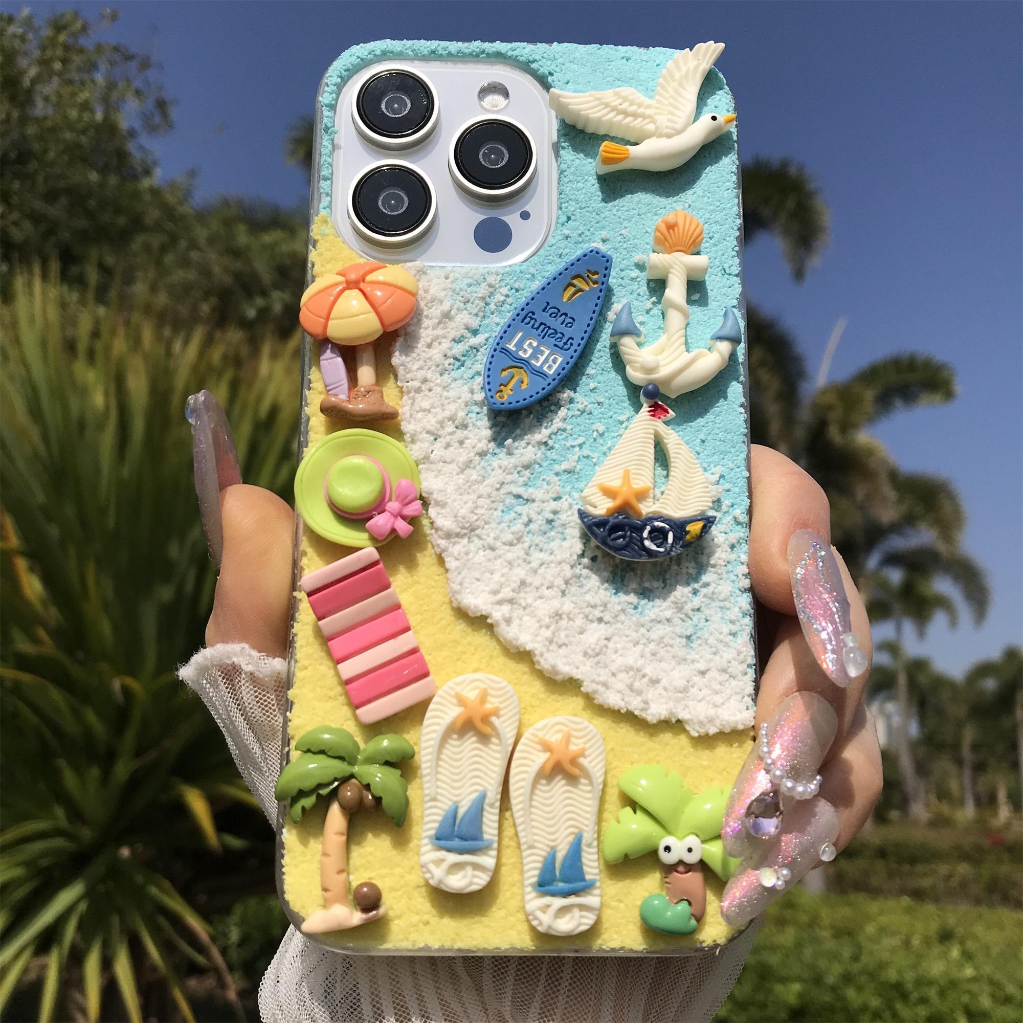 Handmade Beach Sailboat Sun Chair Coconut Tree Seagull Aesthetic Protective Smartphone Case for iPhone 17 16 15 14 13 12 11 Pro Max, Soft Tpu Anti-Slip Back Cover