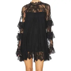 Women See Through Long Sleeve Lace Mini Dress Ruffle Layered Sheer Lace Short Dresses Sexy Going Out Cover Up Dresses