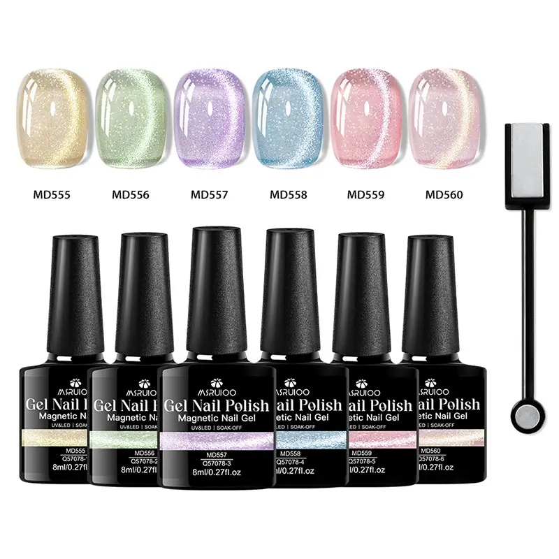 MSRUIOO 7pcs Light Flow Colored Magnetic Nail Gel Polish Set- Trends 2026 Holographic Glitter Translucent Jelly Cat Eye Gel Polish Nail Supplies, For Home Salon Nail Art DIY Manicure Summer Gel Nail Polish