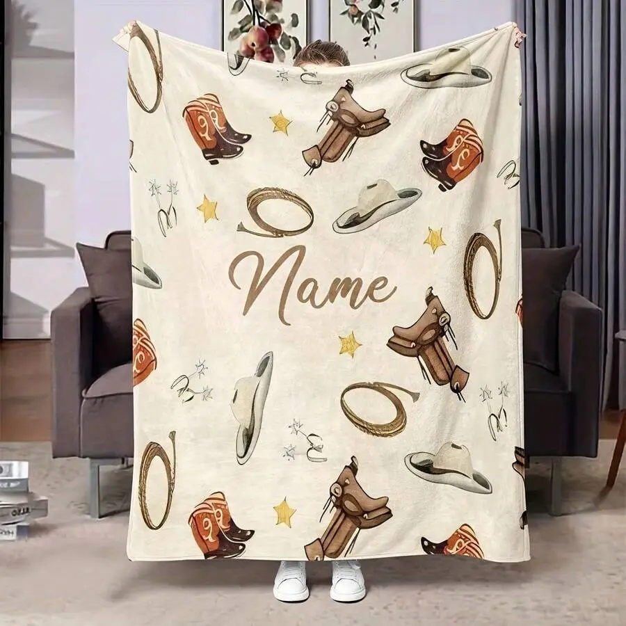 Customized Western Cowboy Flannel Throw Blanket - Personalized with Boot Hat Star Design, Breathable Wrinkle-Resistant Soft Cozy Warm, Western Decor for Couch, Toddlers' Cowboy Theme Birthday Gift