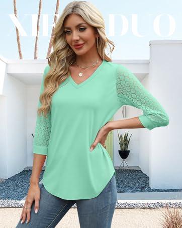 WIHOLL 3/4 Length Sleeve Womens Tops V-Neck Lace Tunic Tops Business Casual Blouses 2025