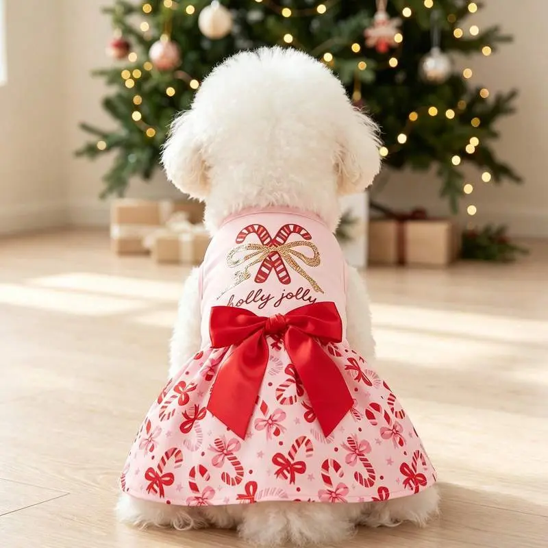 Christmas Dog Dress Puppy Skirt Pet Clothes, Cute Holly Jolly Candy Canes and Bows Print Dog Dress with Big Red Satin Bow and Sequin Graphics Sleeveless Princess Puppy Apparel, Winter Xmas Holiday Party Costume For Small Medium Large Dogs