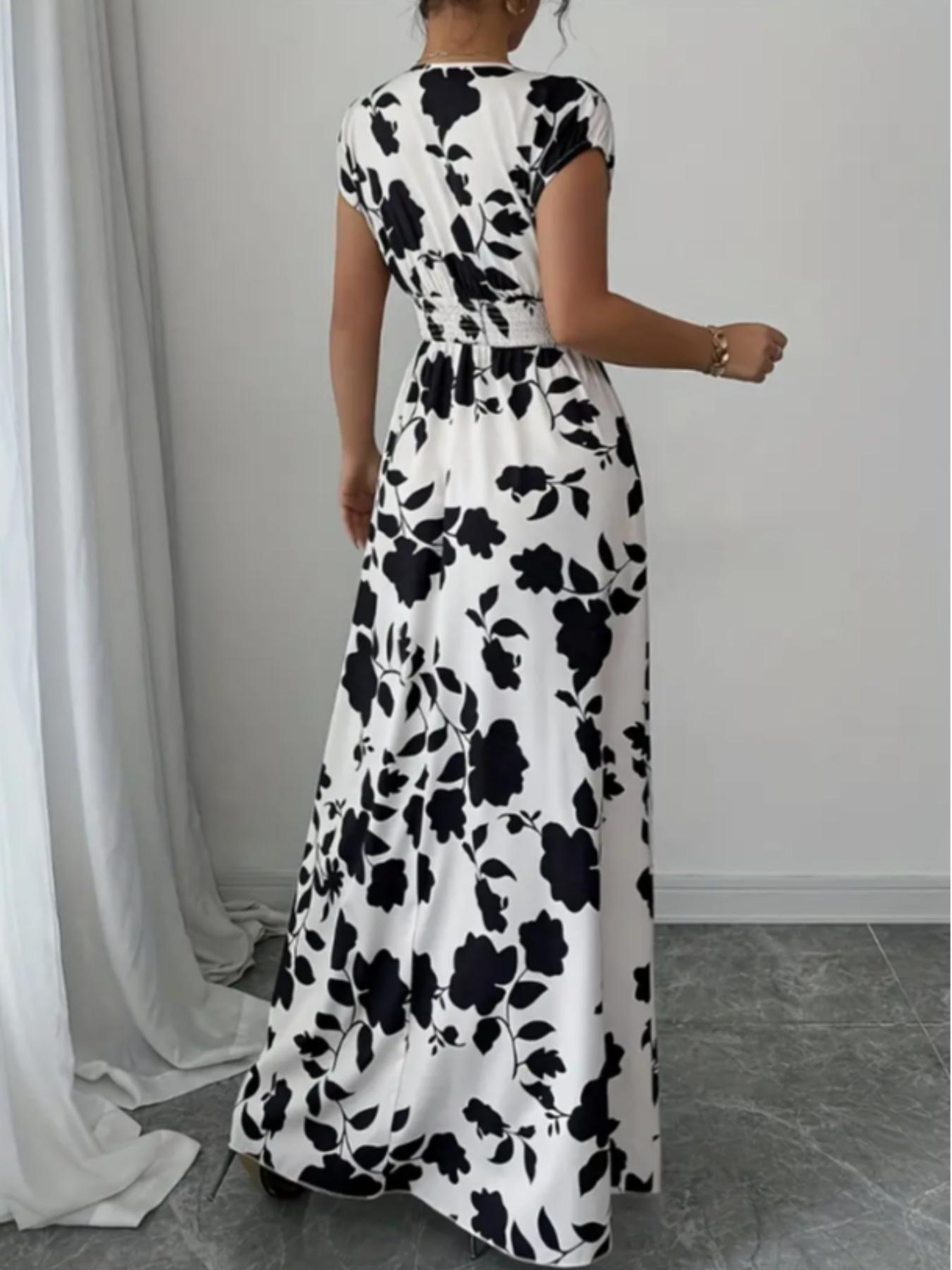 Elegant Women's Summer Dress, V Neck Fitted A-Line Batwing Sleeve, Floral Print, Leaf, Casual Fashion, Perfect for Daily Wear & Special Occasions