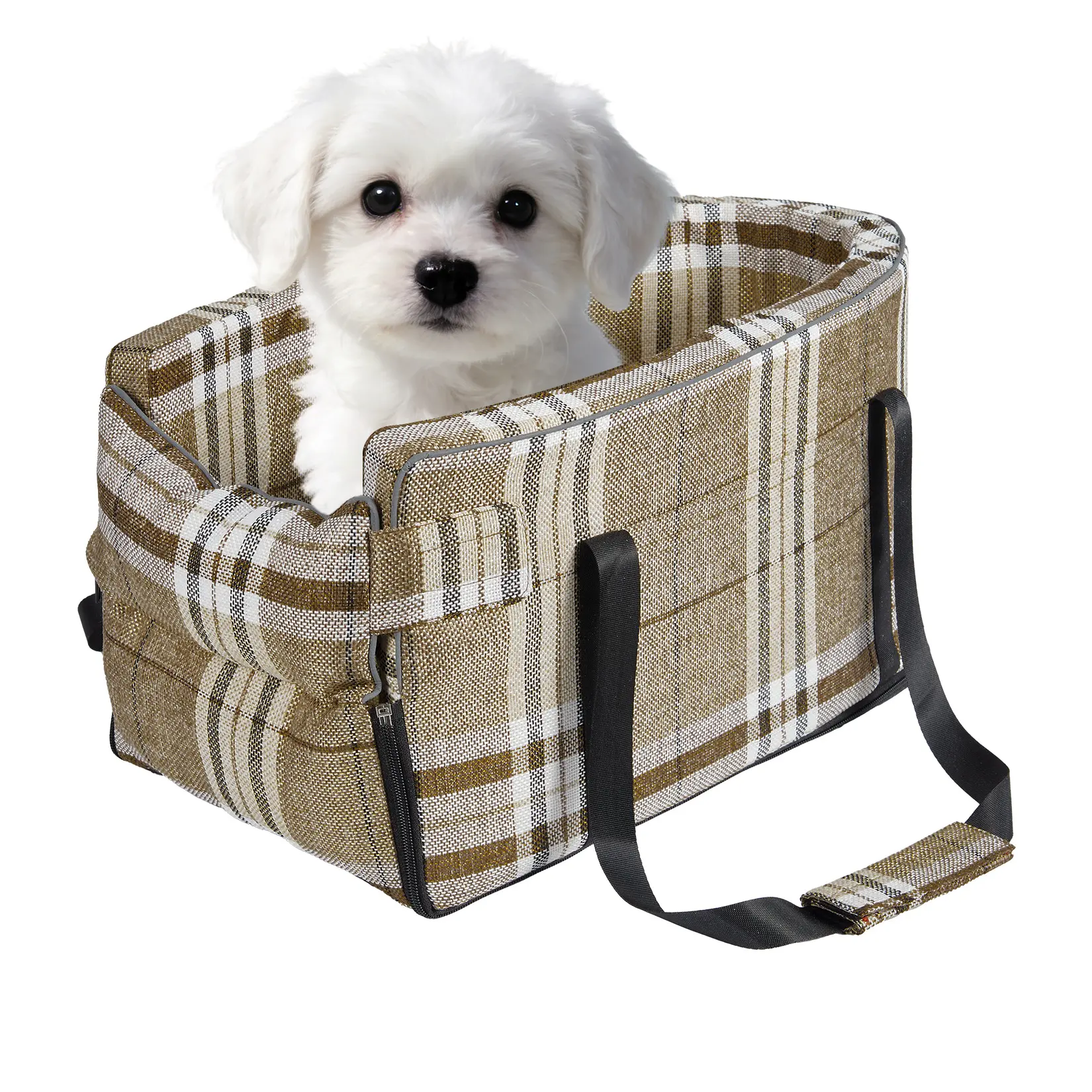 Dog Car Seat – 2-in-1 Console Bed/Carrier, 13lbs Capacity – Triple Safety System, Machine Washable – for Small Dogs/Cats up to 6kg – Plaid