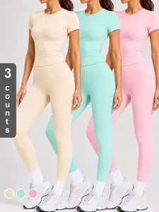 Women's 2 Piece Workout Outfit Sets, Short Sleeve Crew Neck Crop Top High Waist V-Cut Yoga Leggings, Casual Athletic Activewear Tracksuit