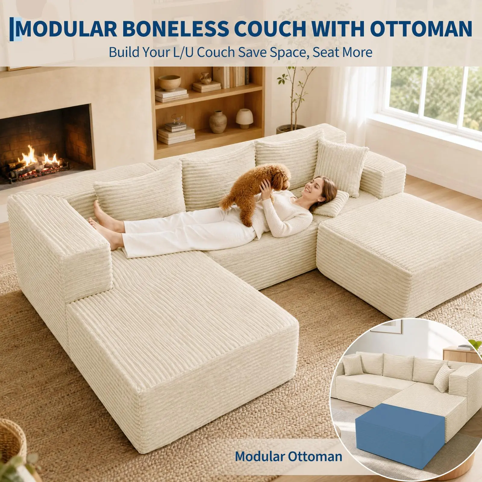 Garvee Modular Boneless Ottoman Couch for Living Room with Corduroy Upholstery, Compact Vacuum Compressed Sectional Sofa Ideal for Small Spaces, Comfortable and Stylish Foot Rest