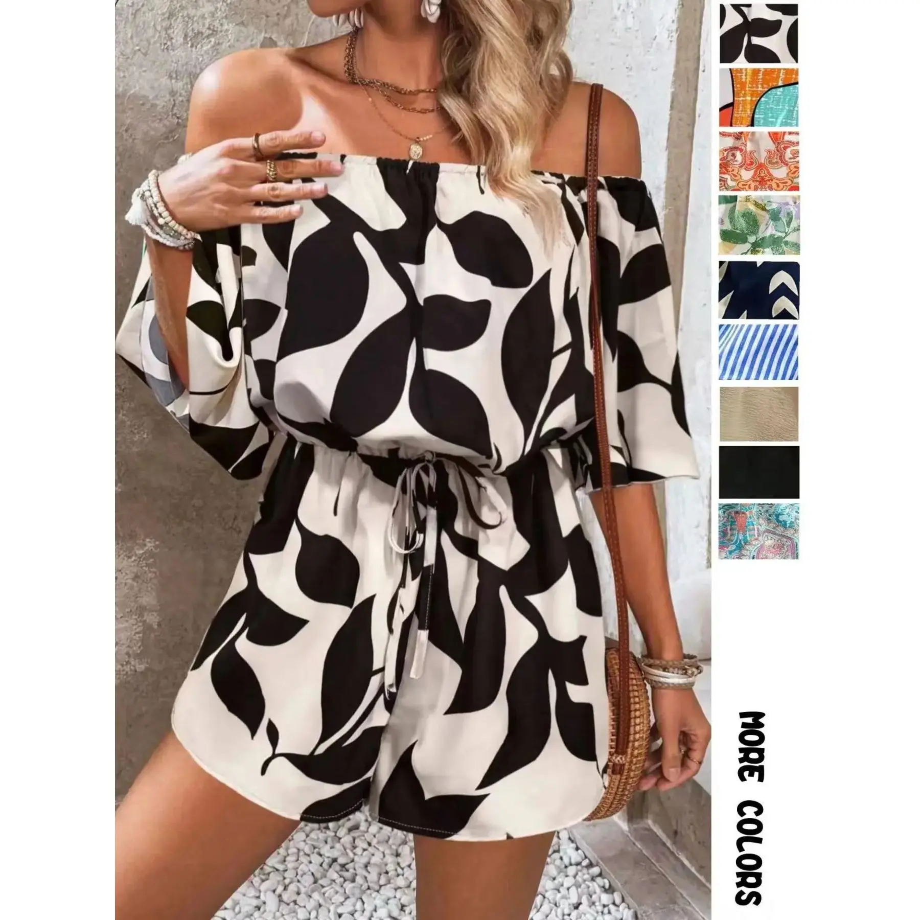 Women's Leaf Print Off Shoulder Tie Front Adjustable Lightweight Feminine Bohemian Romper, Casual Short Flounce Sleeve Romper for Summer, Fashion Women's Clothing Womenswear for Beach Holiday Vacation