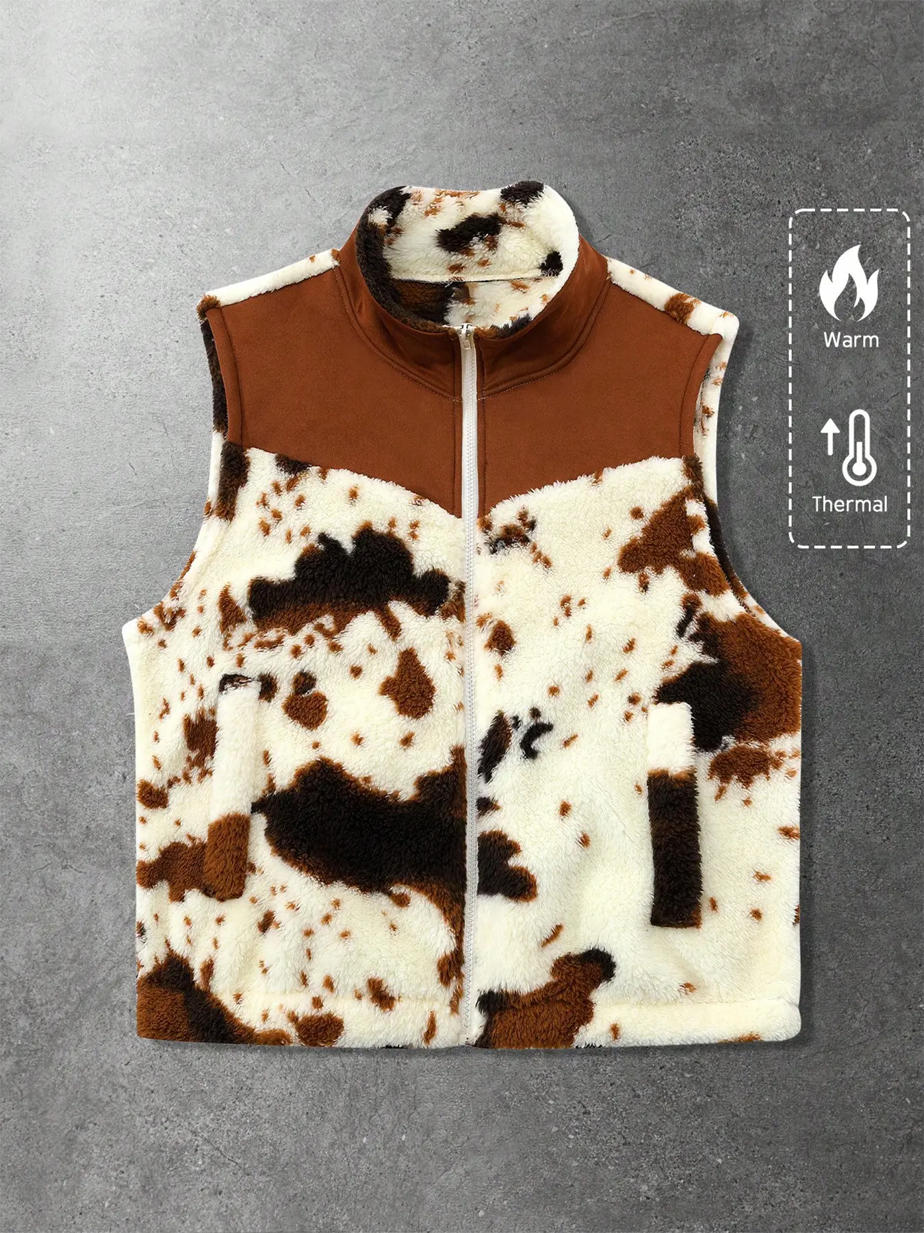 Cow Print Fuzzy Zipper Vest, Colorblock Stand Collar Sleeveless Warm Backless Top, Neutral Style for Outdoor Daily Wear， Cosas Para Parejas Ntimas.Men's Tops .Fashion Accessories.Men's Special Occasion Clothing
