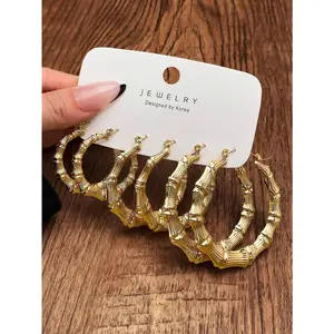 3 Pairs Asymmetrical Punk Style Bamboo Hoop Earrings Set For Women