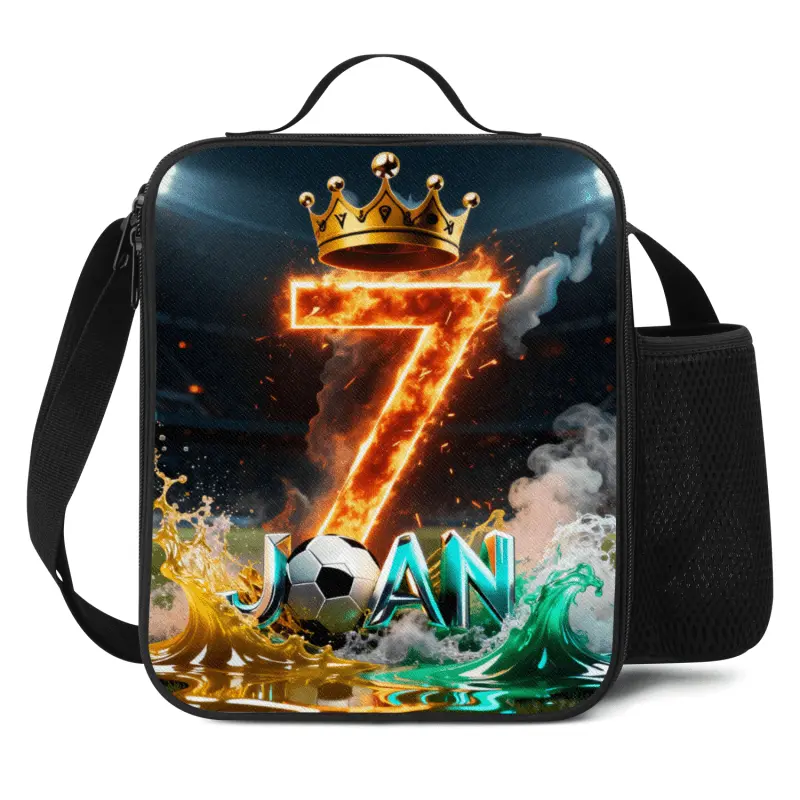 Custom Name JOAN Number 7 Crown Soccer Fire Water Print Insulated Lunch Bag Thermal Cooler Crossbody Tote Bag For Boys Football Lovers Personalized Birthday Gift