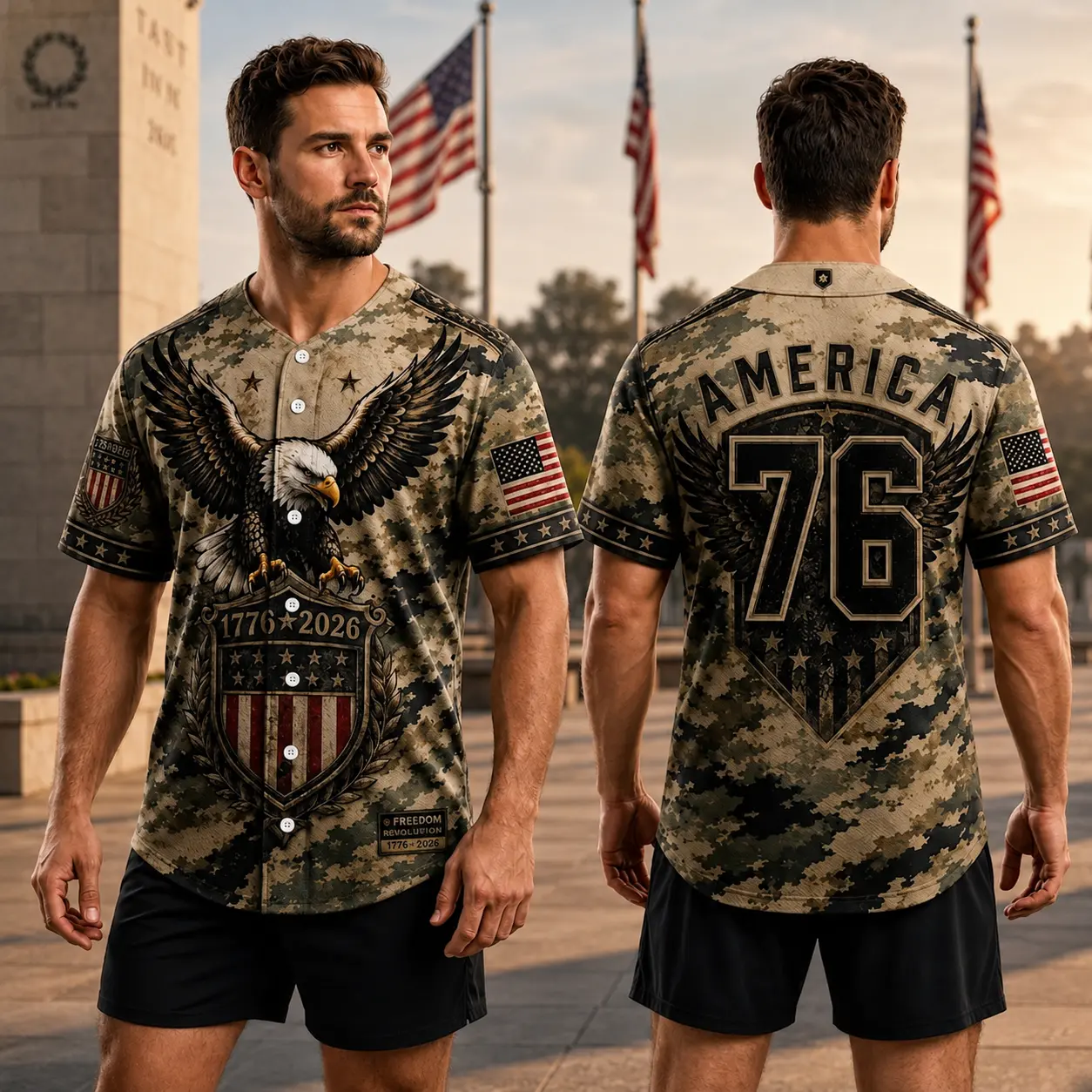 Delivered after July 4th-USA Patriotic Baseball Jersey, Eagle American Flag Camo Jersey, USA 250th Anniversary Shirt, Military Style, Veterans 250th Anniversary Gifts