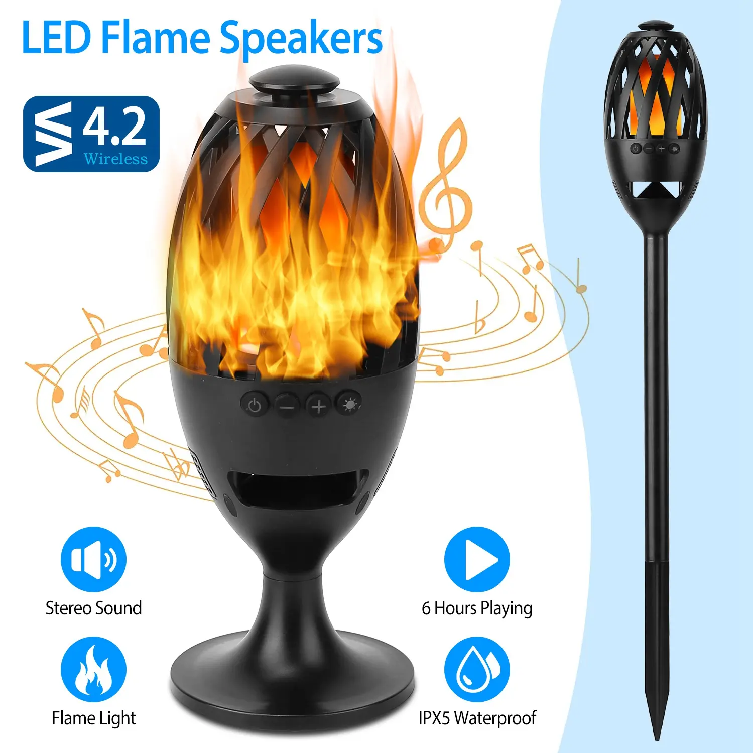 LED Flame Bluetooth Speaker, Waterproof Outdoor Speaker with Stereo Bass, Flickering Flame Light, Portable Lantern for Patio, Camping, Garden & Party