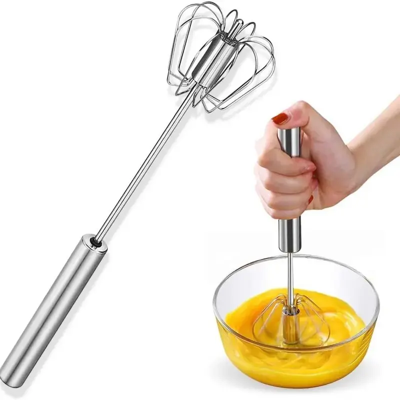 2Pcs Food-Grade Stainless Steel Hand-Push Rotary Whisk - Sturdy Riveted Construction, Semi-Automatic Manual Beater, Rust-Resistant Kitchen Baking Utensil for Coffee, Egg Whisking, Easy to Clean