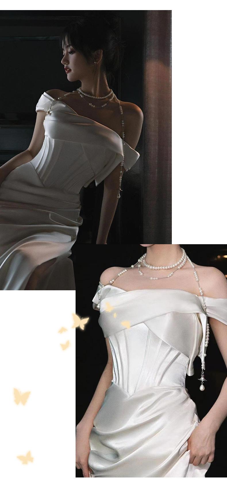 French Off-Shoulder Light Wedding Dress – Bridal Toast Gown, White Engagement Departure Dress, Elegant Banquet Evening Gown