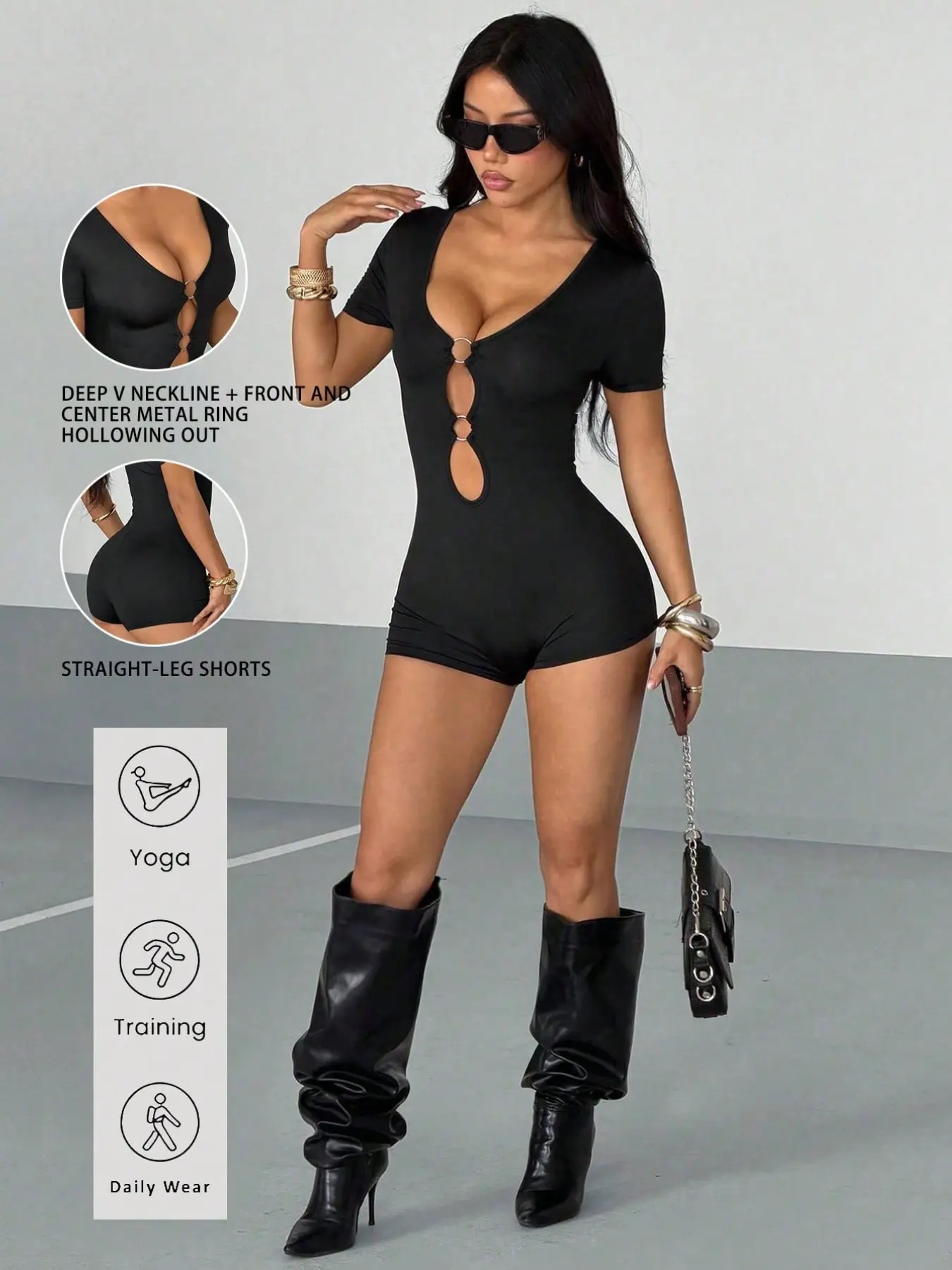Women's Cutout O-Ring Short Sleeve Romper, High Stretch Fabric, Body-Conforming, Deep V Neck, Y2K Club Style, Tiktok Fashion