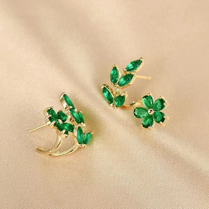 Women's New Ultra-Feminine Green Leaf and Flower Artificial Gemstone Earrings - Design-Focused, Light Luxury, Elegant, Casual, Suitable for Summer Fashion & Versatile Use - E50235-EH, Flowers, Female tiktokshopbacktoschool