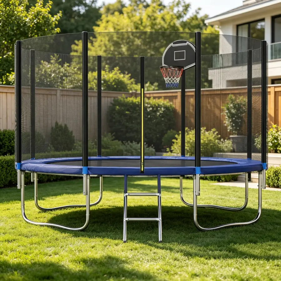 10FT/12FT/14FT Outdoor Trampoline with Safety Enclosure Net and Basketball Hoop, Weight Capacity 300LBS–450LBS, ASTM Certified Backyard Play Equipment