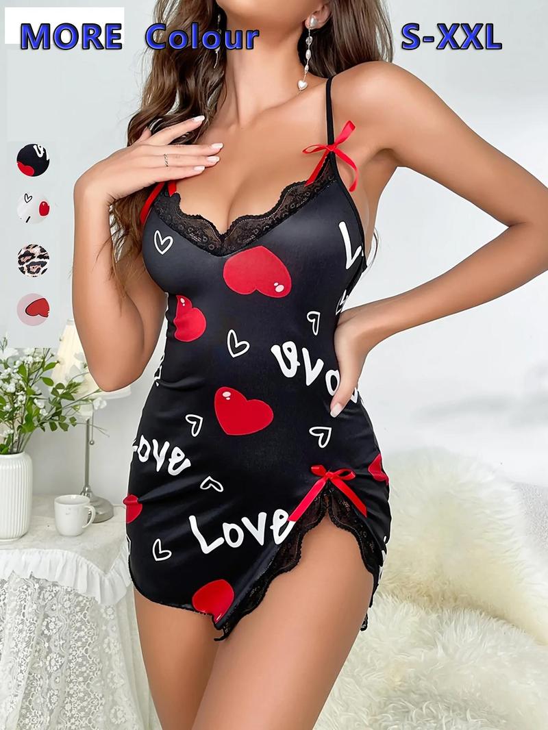 Romantic Valentine's Day Gift Women's Casual Elegant Home Sleepwear, Heart Print, Lightweight Fabric, Sleeveless, Adjustable Strap, All Seasons
