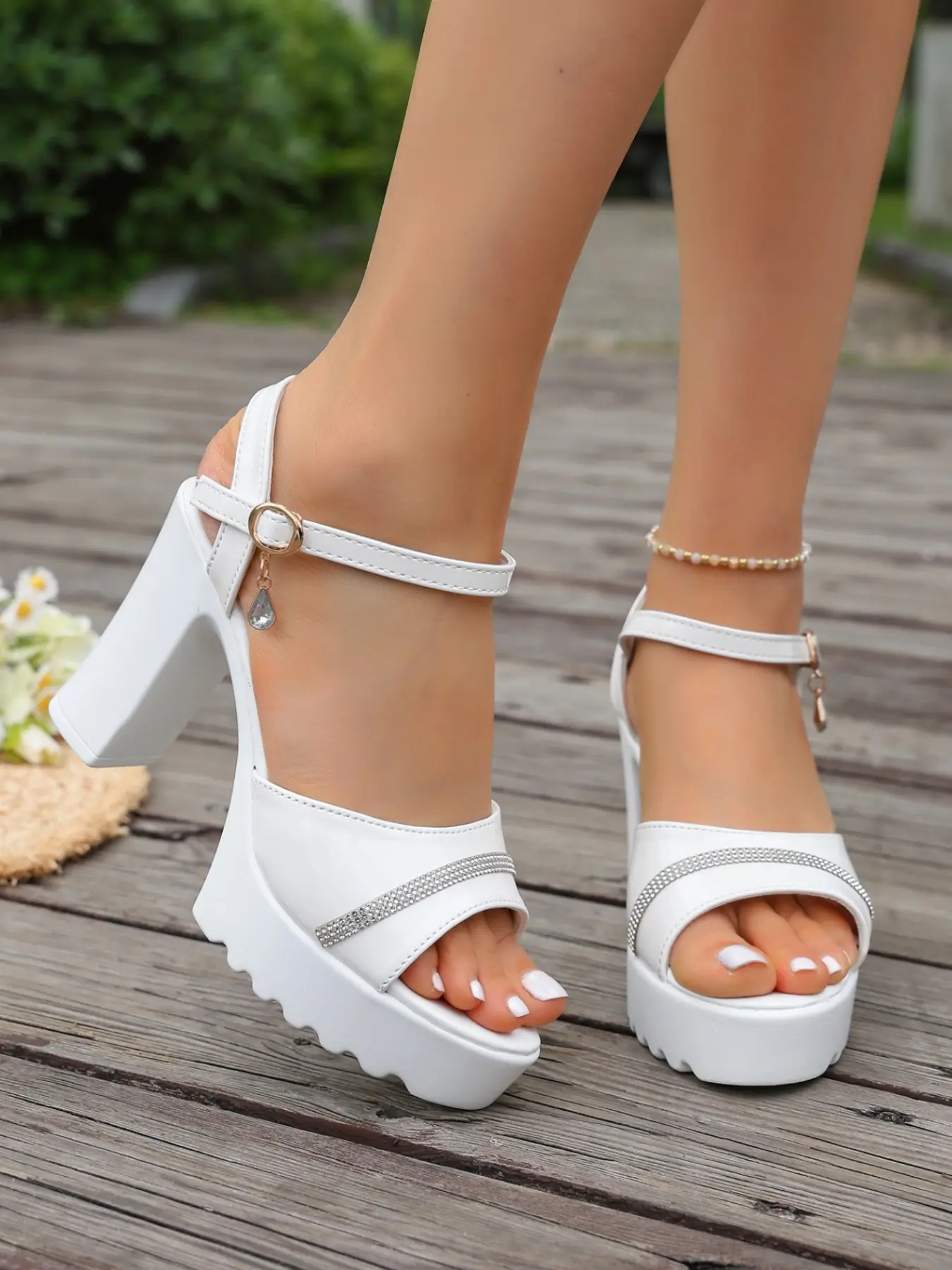 Women's Glossy Strap Thick Sole Heeled Sandals, Back Tie Waterproof Platform Open Toe High Heels, Wedding Night Club Party Luxury Dress Shoes, Bridal Wedding Footwear