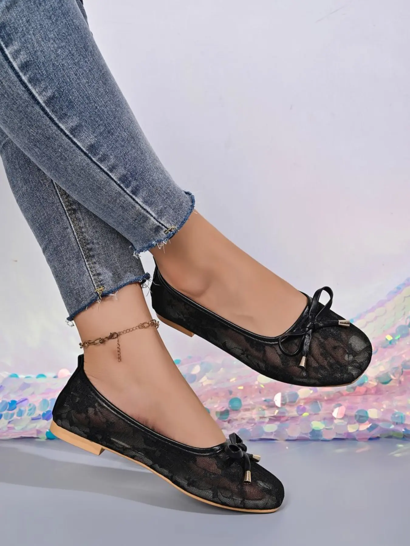 Women's Elegant Ballet Flat Sandals, Lace Mesh, Square Toe, Bow, Breathable, Soft Sole, Summer Casual Shoes