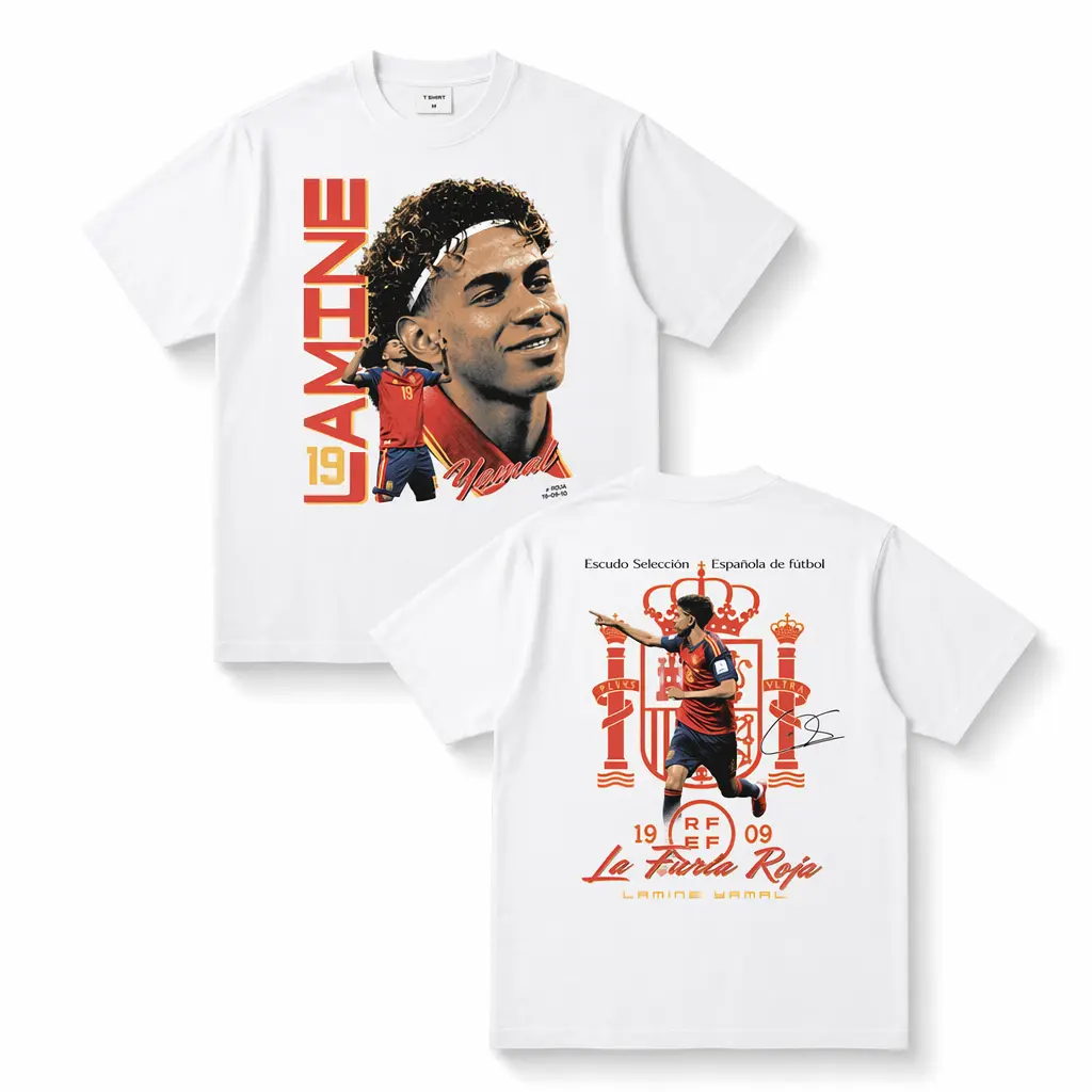 Unisex Vintage Washed Lamine Yamal Graphic Double Side T-Shirt, Heavyweight Cotton Oversized Crewneck Soccer Star Streetwear Tee, Casual Daily Match Day Outfit, Ideal Fan Merch Gift For Football Supporters, Breathable Soft Short Sleeve Sports Fashion Top