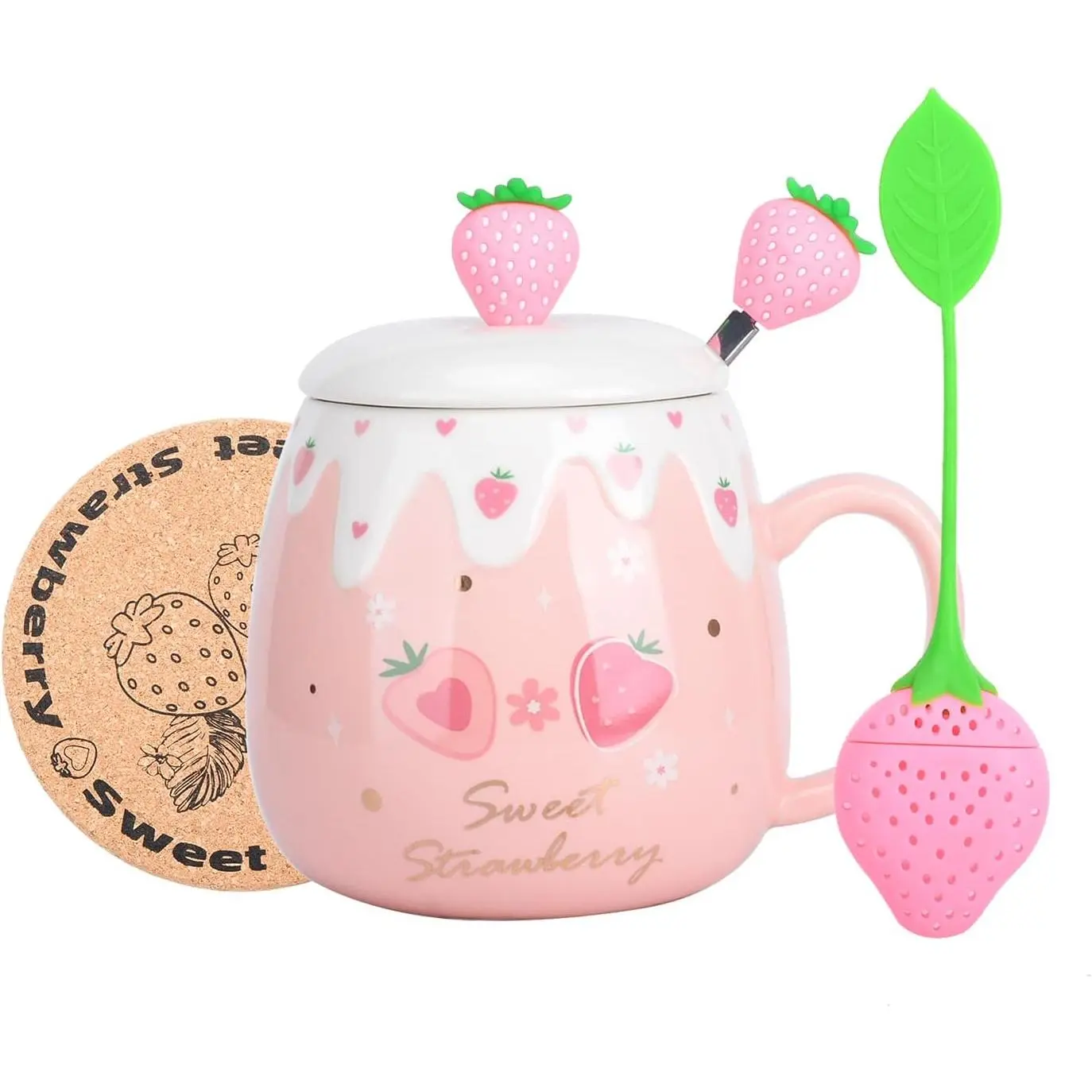 Mug,Cute Strawberry Cup with Lid,Spoon and Coaster,Ceramic Coffee Mug, Kawaii Cup for  Milk,Women Girls Student Korean Style 450ML Christmas Birthday