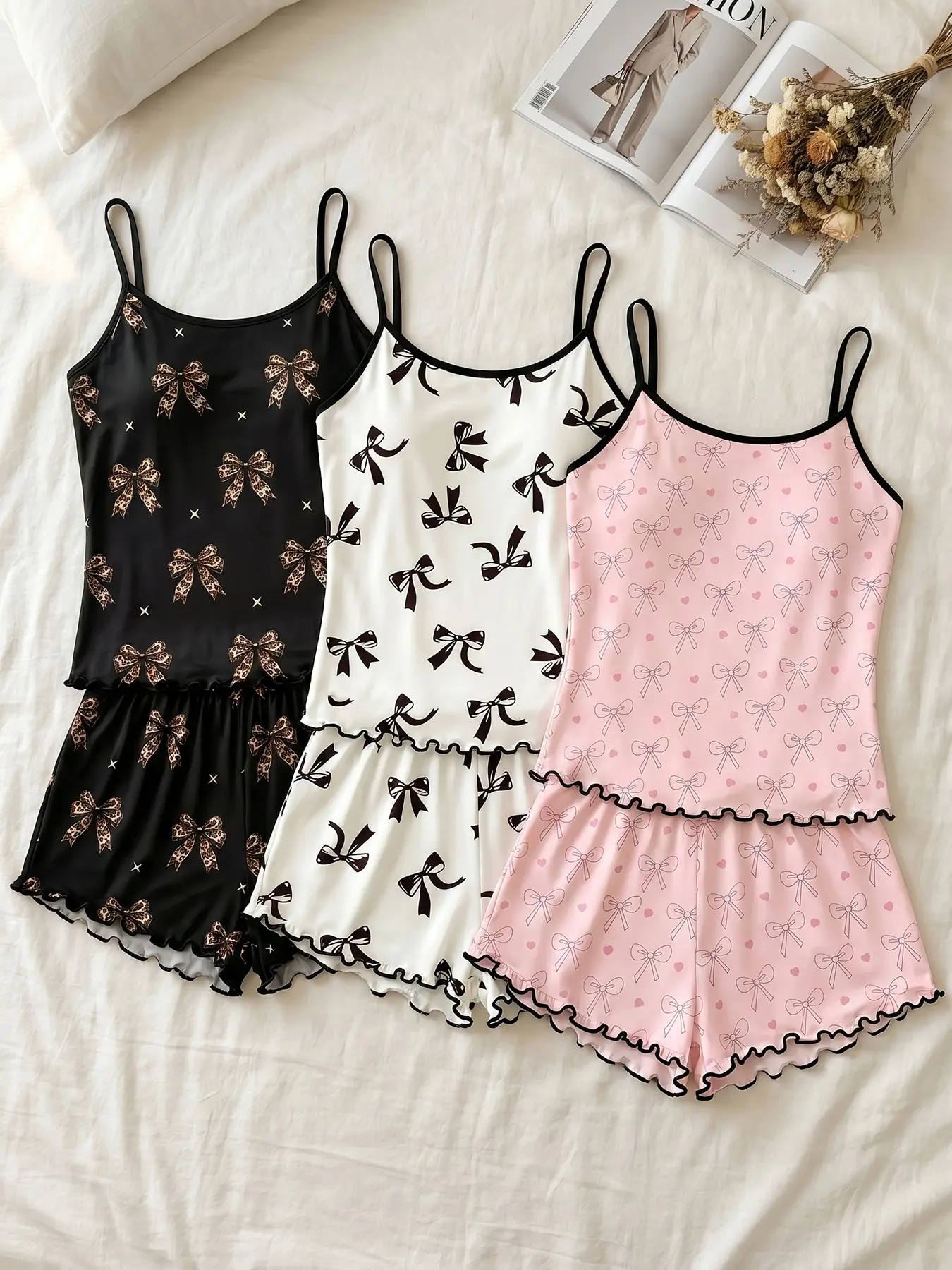 Women 3‑Pack Cami Top And Shorts Pajama Set, Wearable For All Seasons, Elegant bow print, ruffle hem shorts, delicate loungewear for skincare routine and relaxing window‑side leisure
