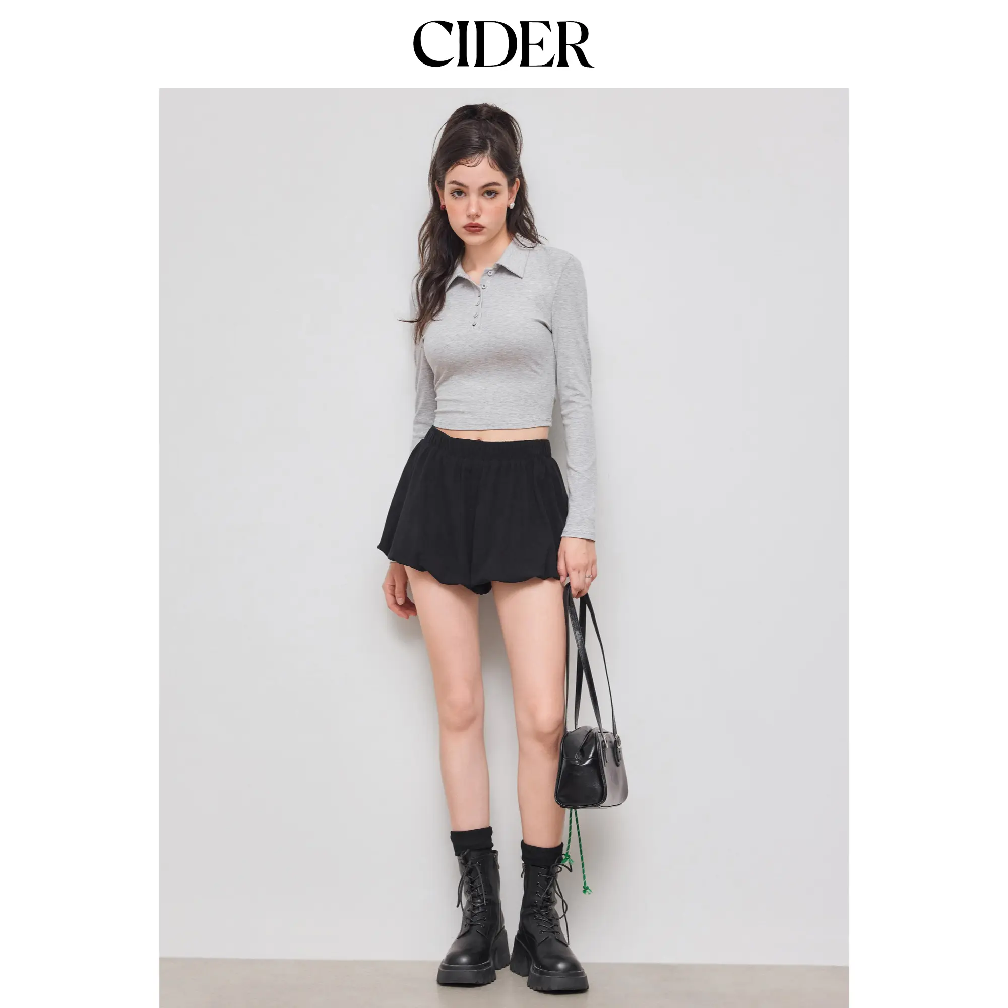 Cider [2 colors, size 2-26] Polo Solid Button Long Sleeve Top & Mid Rise Bubble Hem Mini Skirt Set
