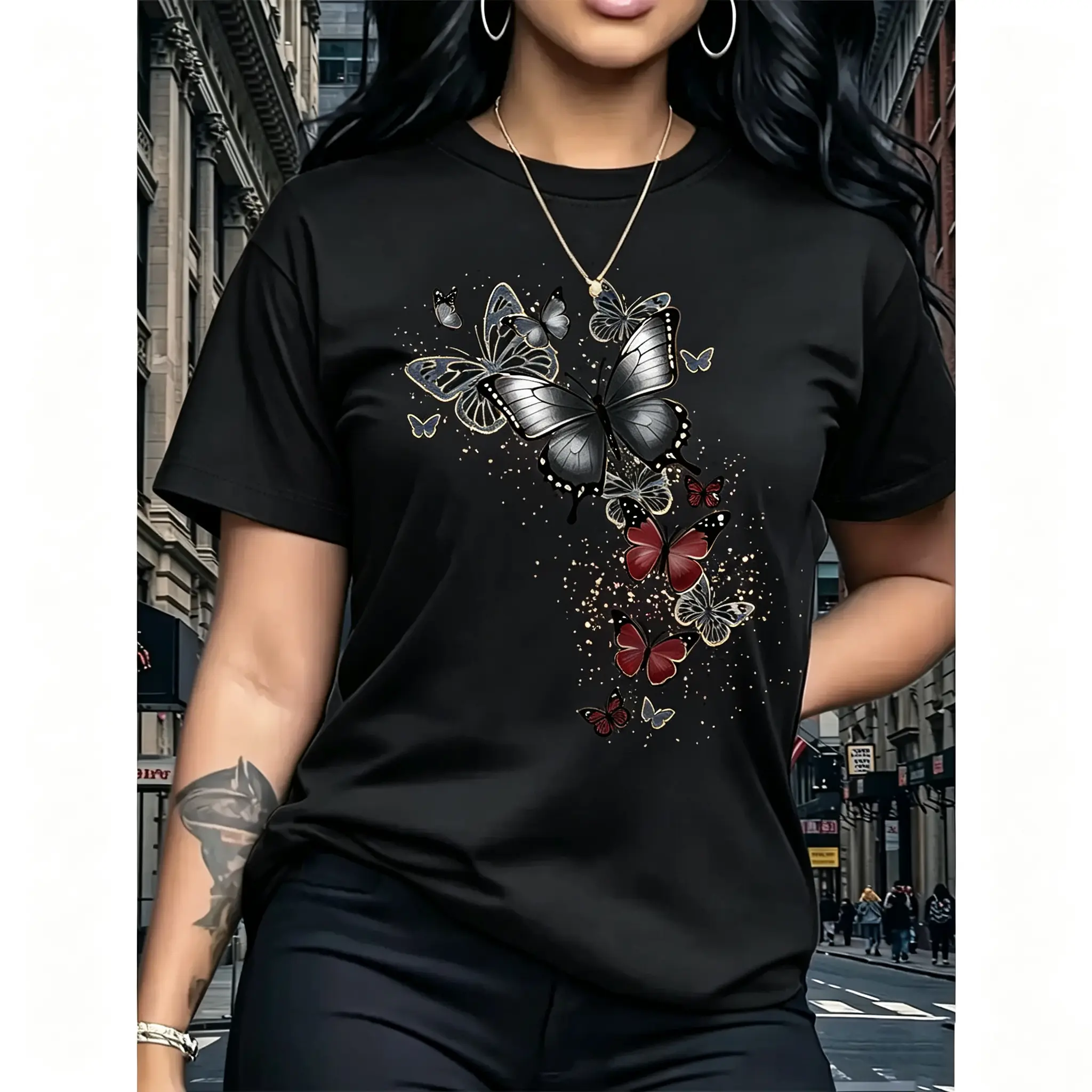 Women's Casual Butterfly All Over Print Sports Top - Short Sleeve, Crew Neck, Soft Polyester, Machine Washable, Comfortable Fit, Elastic Mid, Normal Type, Casual Comfy Clothes for All Seasons