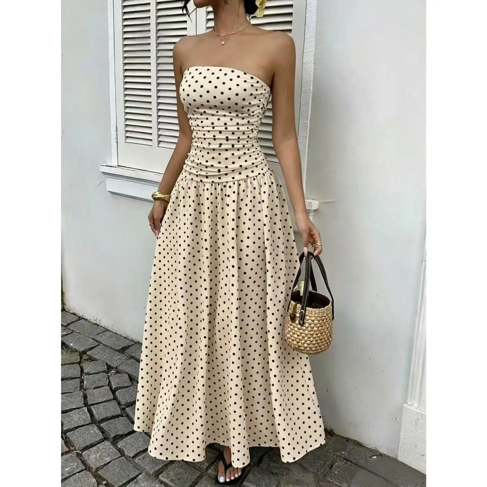 Bohemian Polka Dot Empire Waist Dress | Sleeveless Crop Top Maxi with Sunflower Long Skirt for Beach