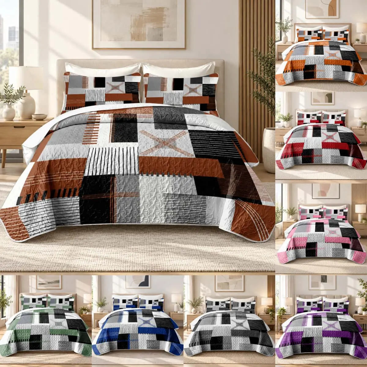 3 Pcs Abstract Geometric Bedspread Breathable Quilt Set, Black White Gray Terracotta Brown Patchwork Print, Quilted Coverlet with 2 Pillow Shams, Modern Minimalist Bedding for Bedroom Decor, King Size Bedspread, Queen Size Bedspread & Full Size Bedspread