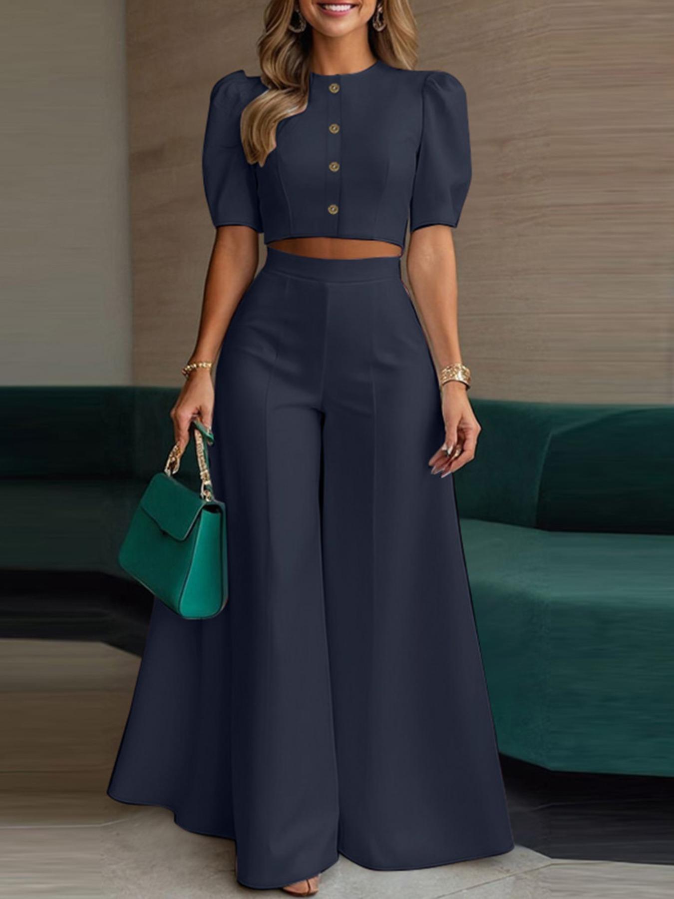 Two-Piece Set Women's Plain Woven Cropped Top & Elastic Waist Wide Leg Pants, Elegant Fashion Top & High Waist Trousers for Daily Wear, Womenswear for Summer