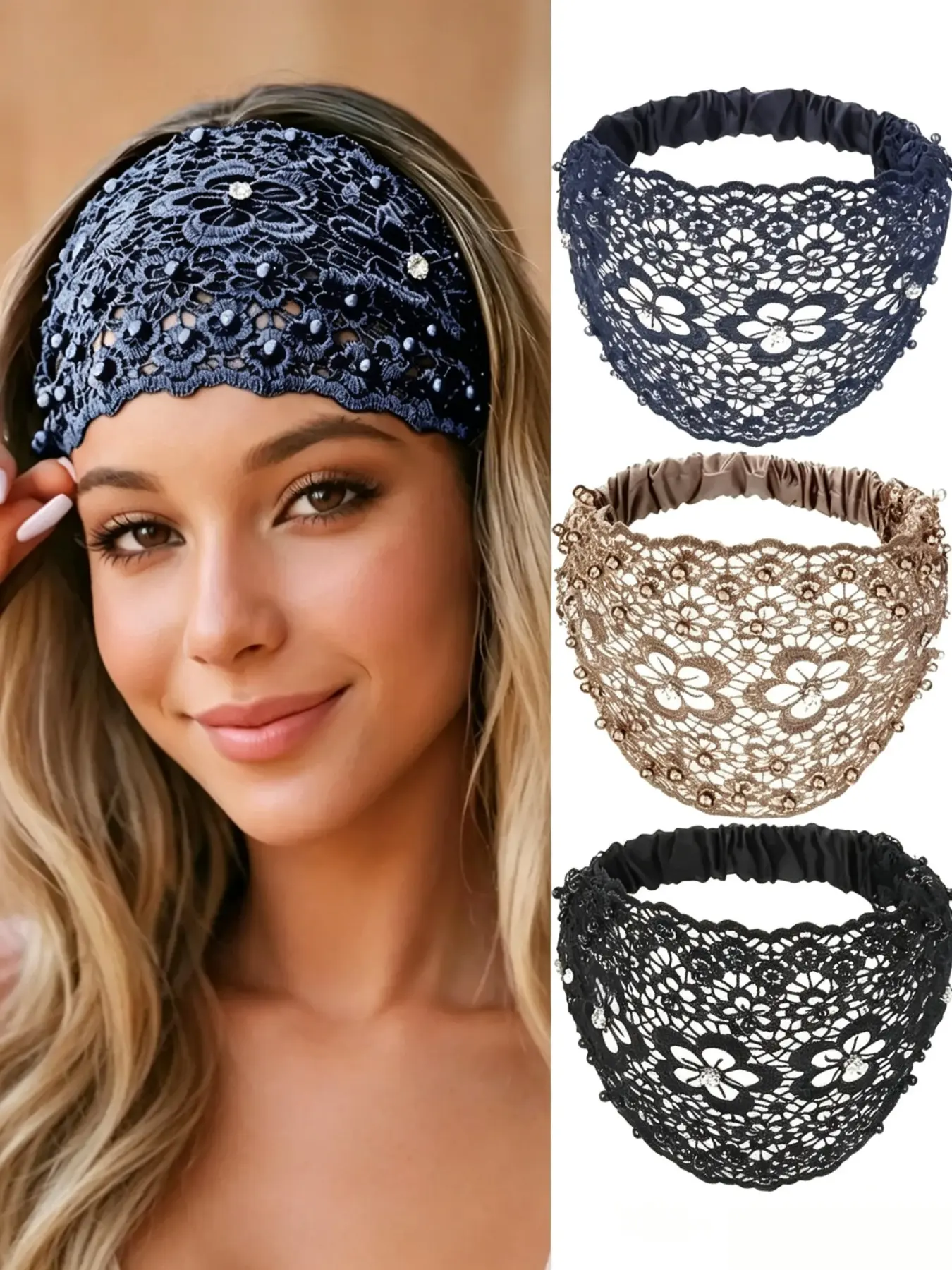 3-Piece Bohemian Luxury Crystal Pearl Wide Headband Set, Elegant Hair Accessories for Weddings, Vacations, Daily Wear