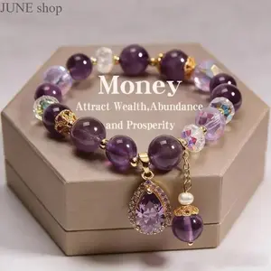 Bohemian Round Amethyst Beaded Bracelet Designed With Five Petal Flower Pendant, Multi Tone Women’s Wrist Jewelry Suitable For Daily Casual Outfit Matching Outdoor Trips Holiday Events And Styling For Bohemian Style Lovers