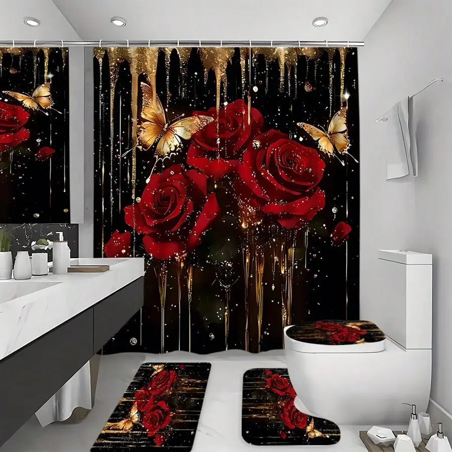 Flannel Shower Curtain Set (1pc/4pcs, Retro Rose & Butterfly Print, Gold/Red/Black) - Waterproof, Luxury, Washable, Includes 12 Hooks, Non-Slip Bath Mat, U-Shaped Toilet Lid Cover, for Bathroom Decor, Gift, 1Pc Shower Curtain