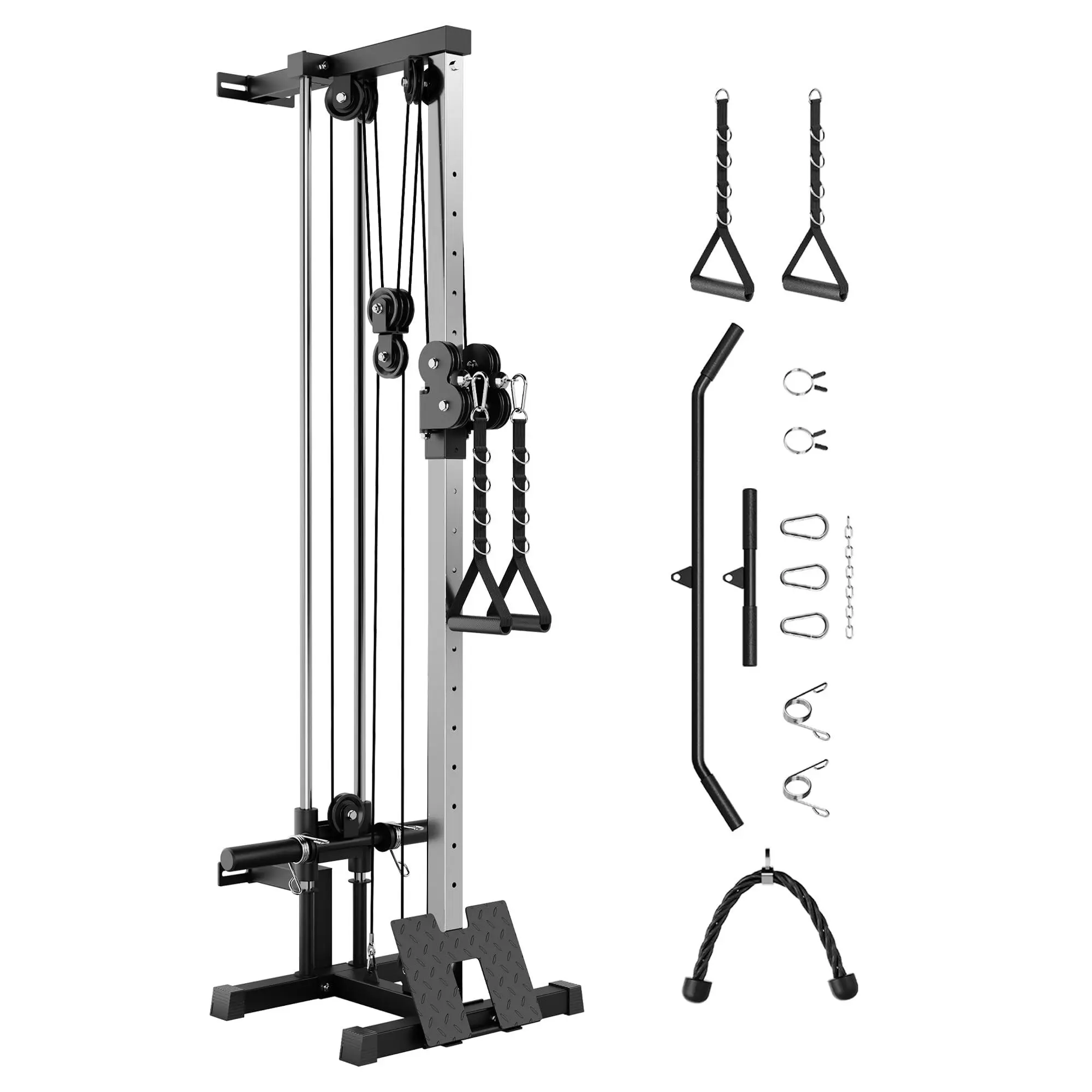 Wall‑Mounted Cable Workout Station, 19‑Position Dual Pulley Lat Pulldown Machine, Cable Crossover Trainer With Adjustable Footplate, T‑Bar and Multiple Accessories, Home Gym Strength Training Equipment