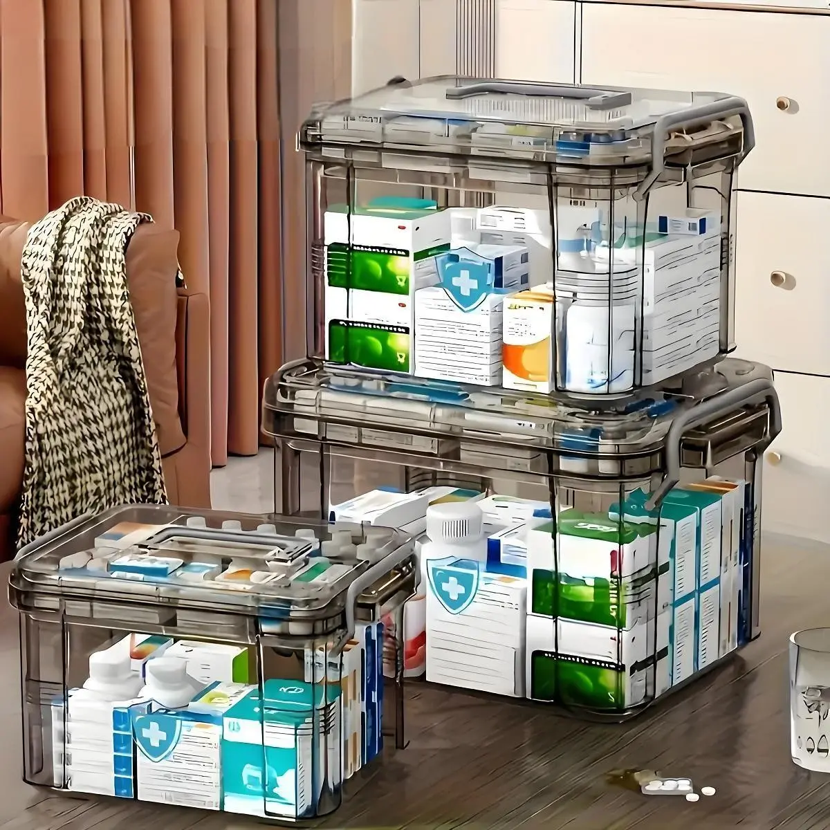 Durable Double-Layer Storage Box with Handle – Transparent Gray Waterproof Design, Easy-Open Lid, Multiple Compartments for Organizing Emergency Supplies & Medications | Viral Home Storage Hack, Travel & Dorm Organizer, Durable Plastic Organizers