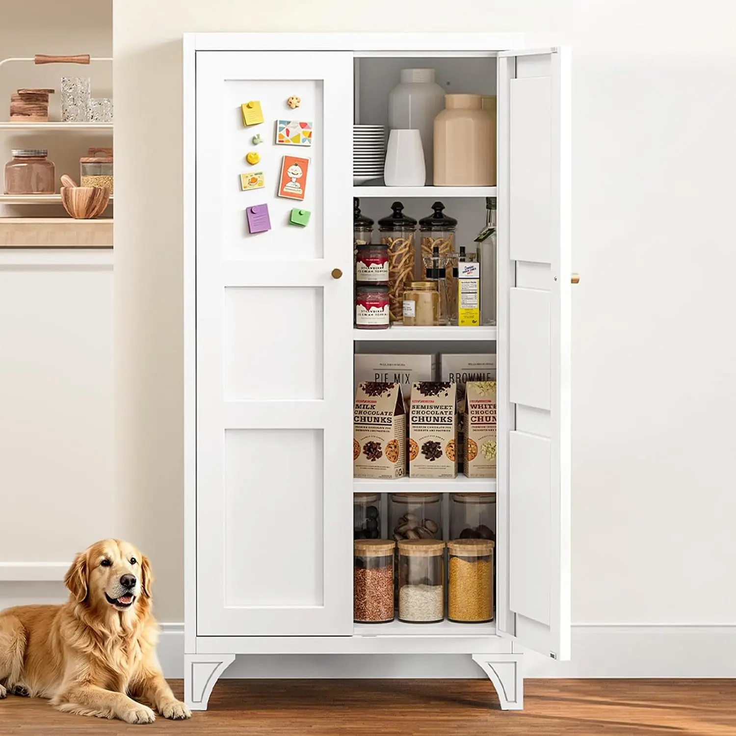 Metal Storage Cabinet with Doors and 3 Adjustable Shelves - " White Kitchen Pantry Storage Cabinet Locker for Kitchen,Living Room,Dining Room