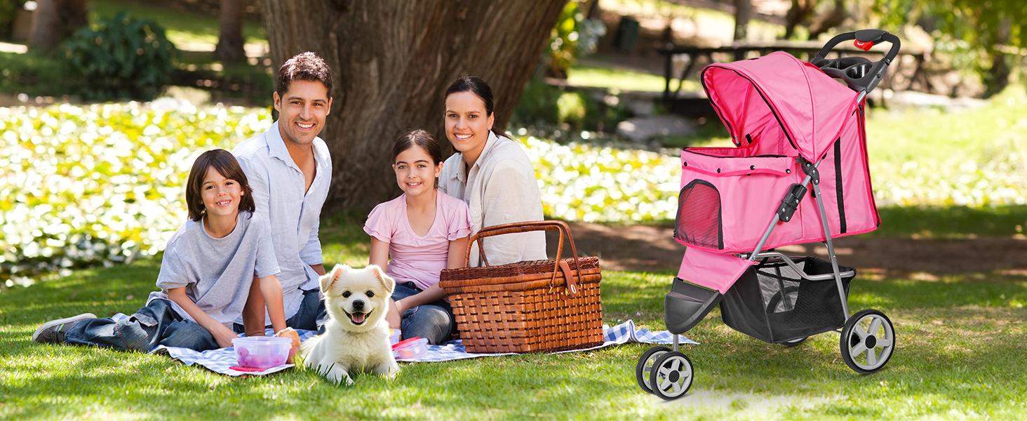 AGS Foldable Pet Stroller for Cats and Dogs 3 Wheels Carrier Strolling Cart with Weather Cover, Storage Basket + Cup Holder (Pink)