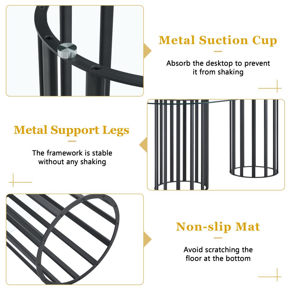 71 inch oval tempered glass dining table,black double column light luxury style,tempered glass scratch resistant and easy to clean.Suitable for 6-8 people dining, modern light luxury restaurant table.